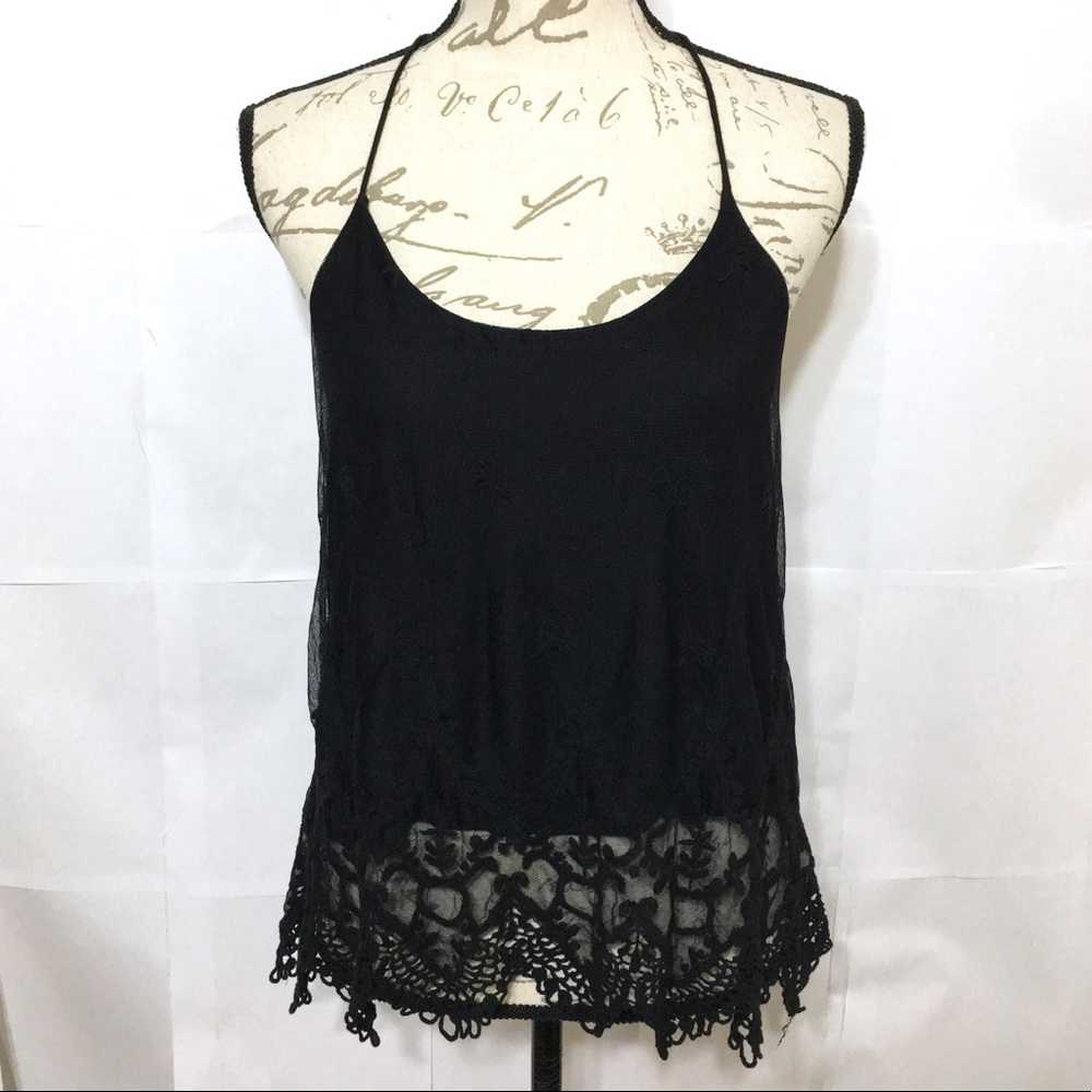 PINS AND NEEDLES BLACK FLORAL LACE HALTER TANK TOP - Picture 1 of 7